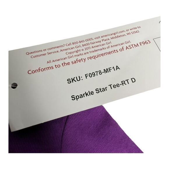 American Girl STAR TEE T Shirt Purple Silver Doll Top Rhinestones Studded Hanger - Picture 5 of 6